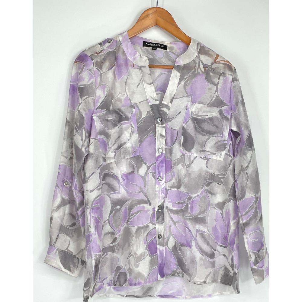 Cheryl Nash Women‎ Blouse M Button Up Purple Floral Burnout Sheer Tunic